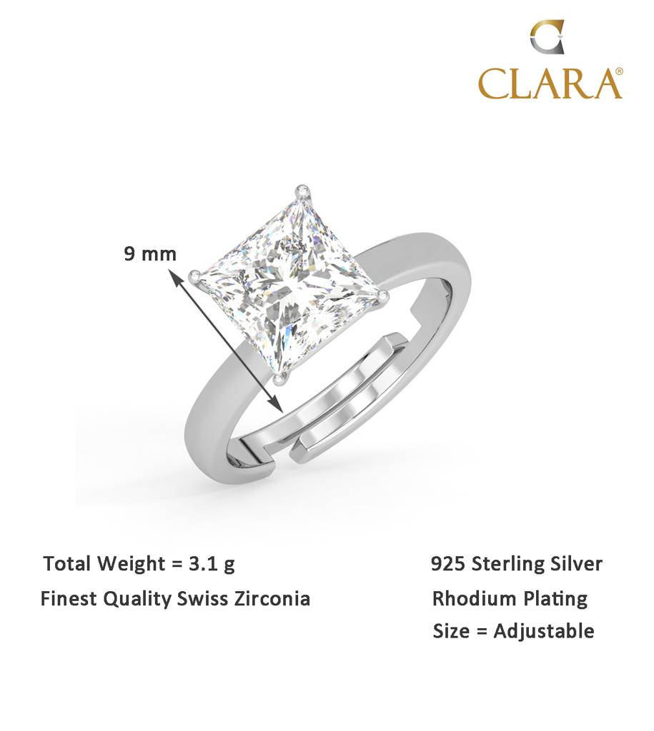 Clara 925 Sterling Silver Swiss Zircon Rhodium Plated Princess Solitaire Finger Ring With Adjustable Band : CSFR52