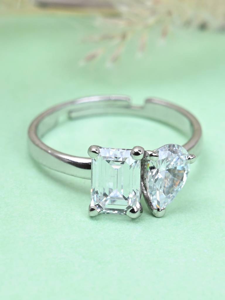 Clara 925 Sterling Silver Swiss Zircon Rhodium Plated Twins Finger Ring With Adjustable Band : CSFR53