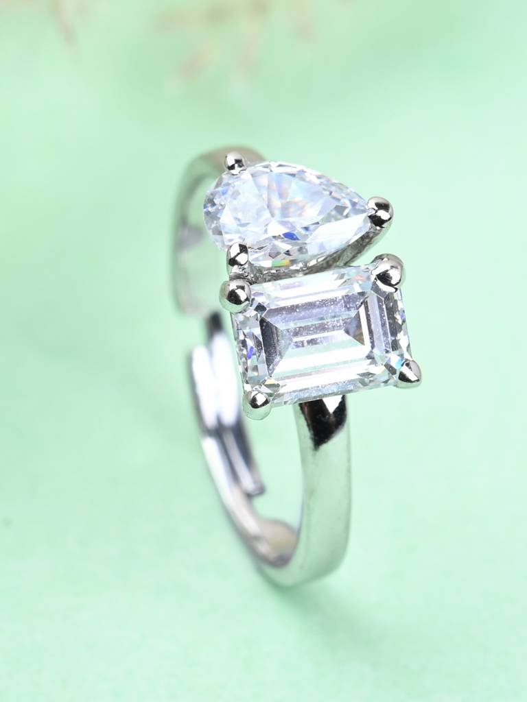 Clara 925 Sterling Silver Swiss Zircon Rhodium Plated Twins Finger Ring With Adjustable Band : CSFR53