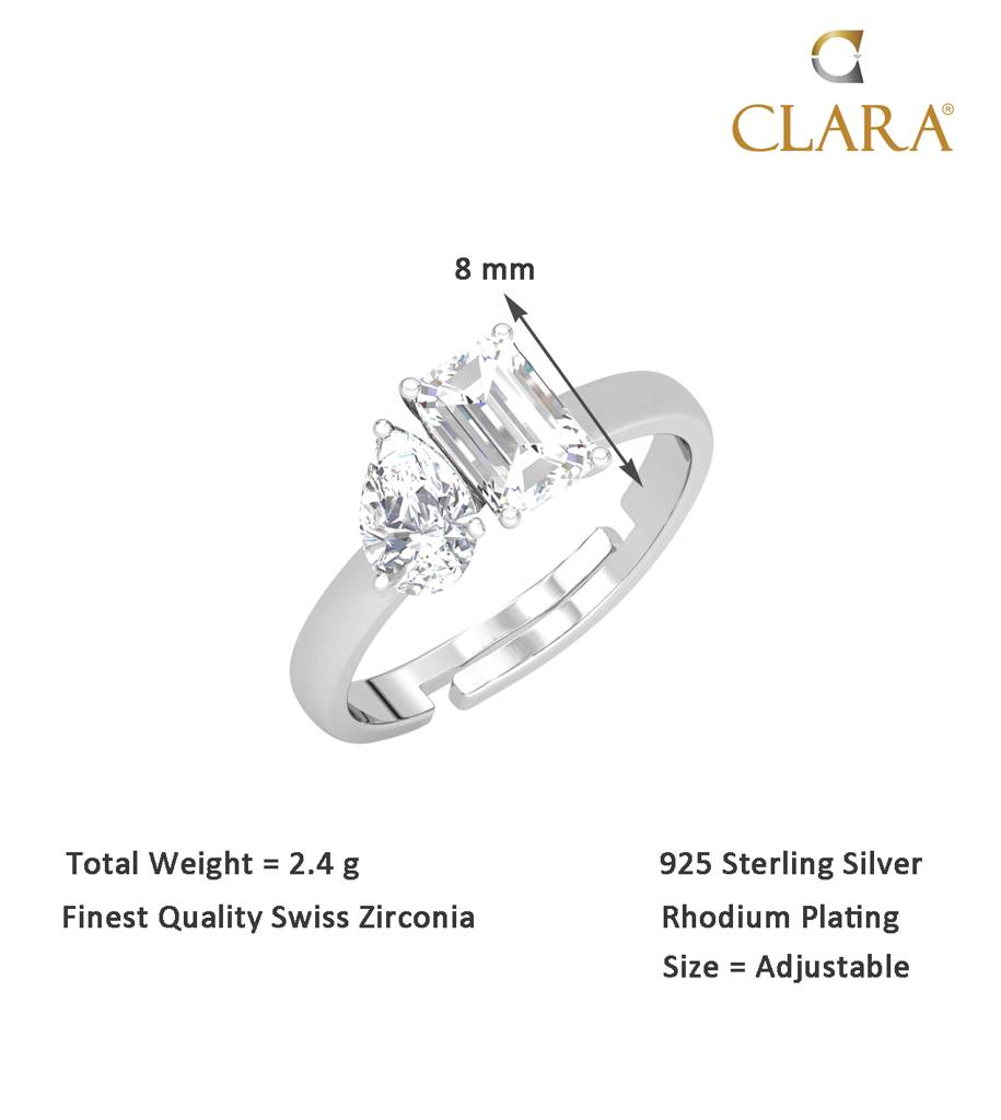 Clara 925 Sterling Silver Swiss Zircon Rhodium Plated Twins Finger Ring With Adjustable Band : CSFR53