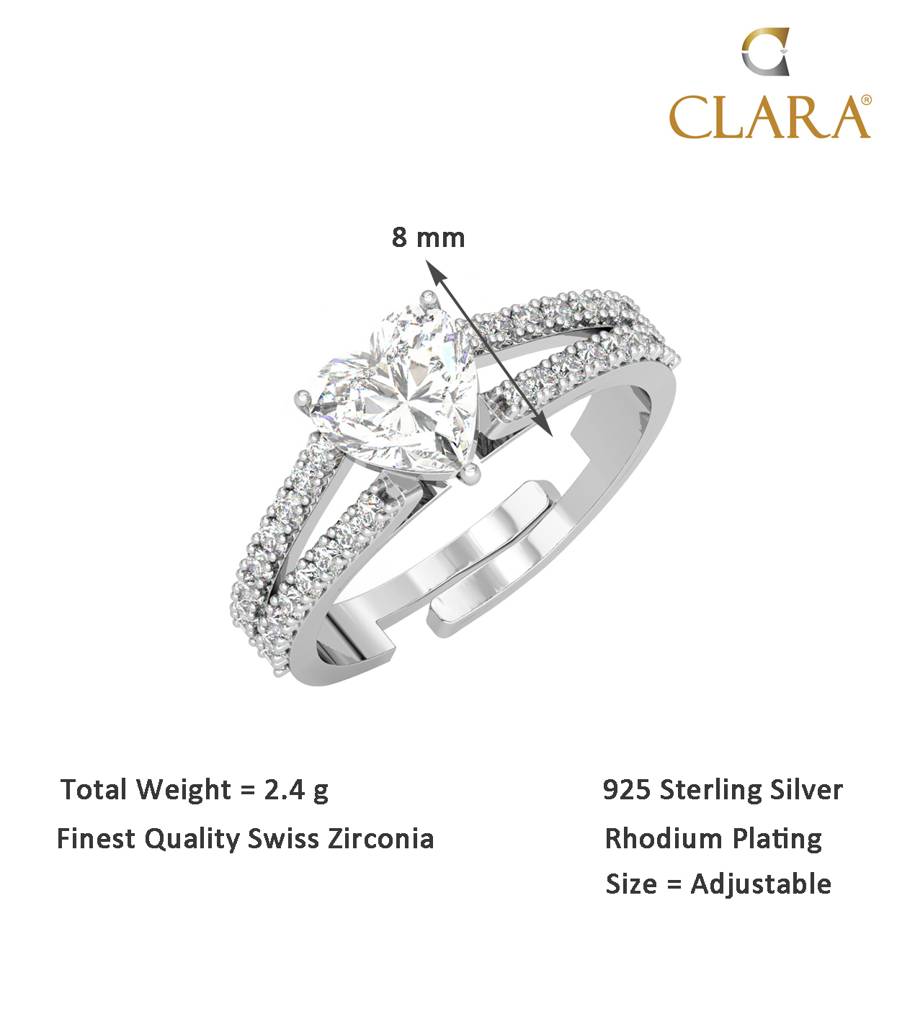 Clara 925 Sterling Silver Swiss Zircon Rhodium Plated Proposal Finger Ring With Adjustable Band : CSFR54