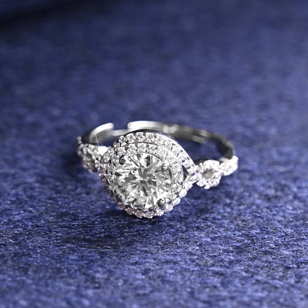 Clara 925 Silver Swiss Zircon Platinum Plated Adjustable Swirl Solitaire Finger Ring : CSFR75