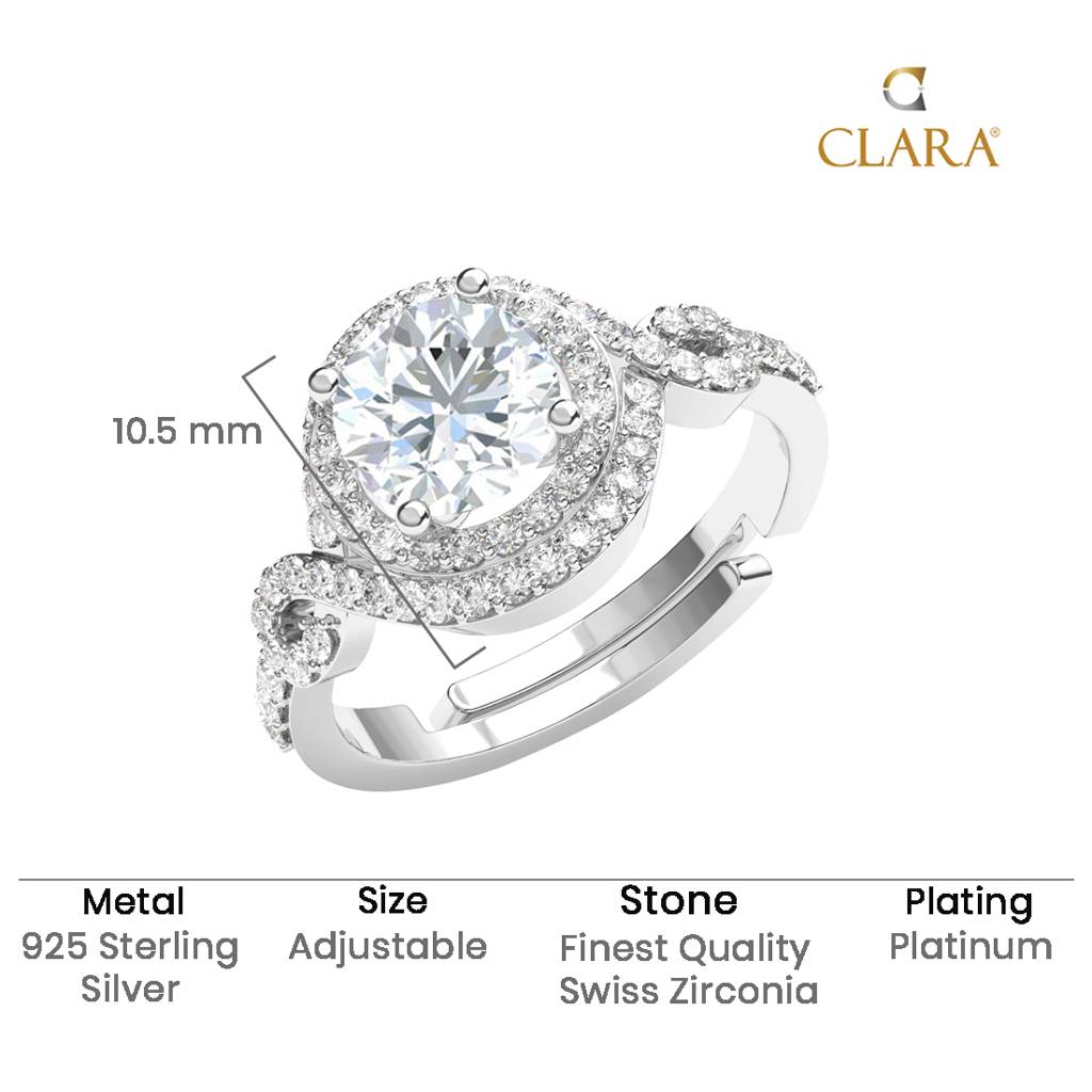 Clara 925 Silver Swiss Zircon Platinum Plated Adjustable Swirl Solitaire Finger Ring : CSFR75