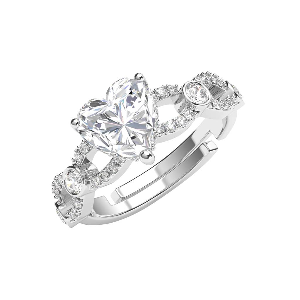 Clara 925 Silver Swiss Zircon Platinum Plated Adjustable Alfie Heart Engagement Finger Ring : CSFR76