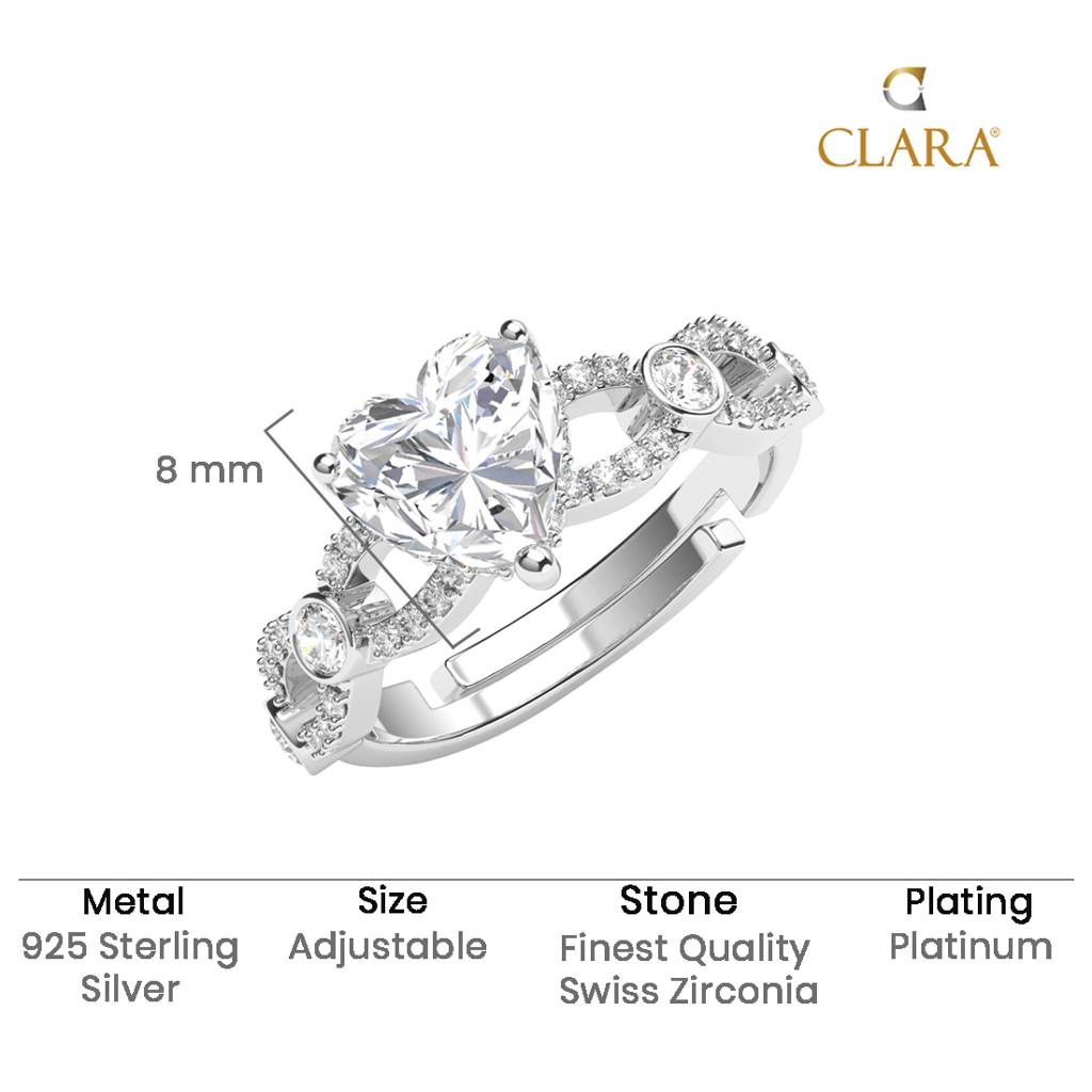 Clara 925 Silver Swiss Zircon Platinum Plated Adjustable Alfie Heart Engagement Finger Ring : CSFR76