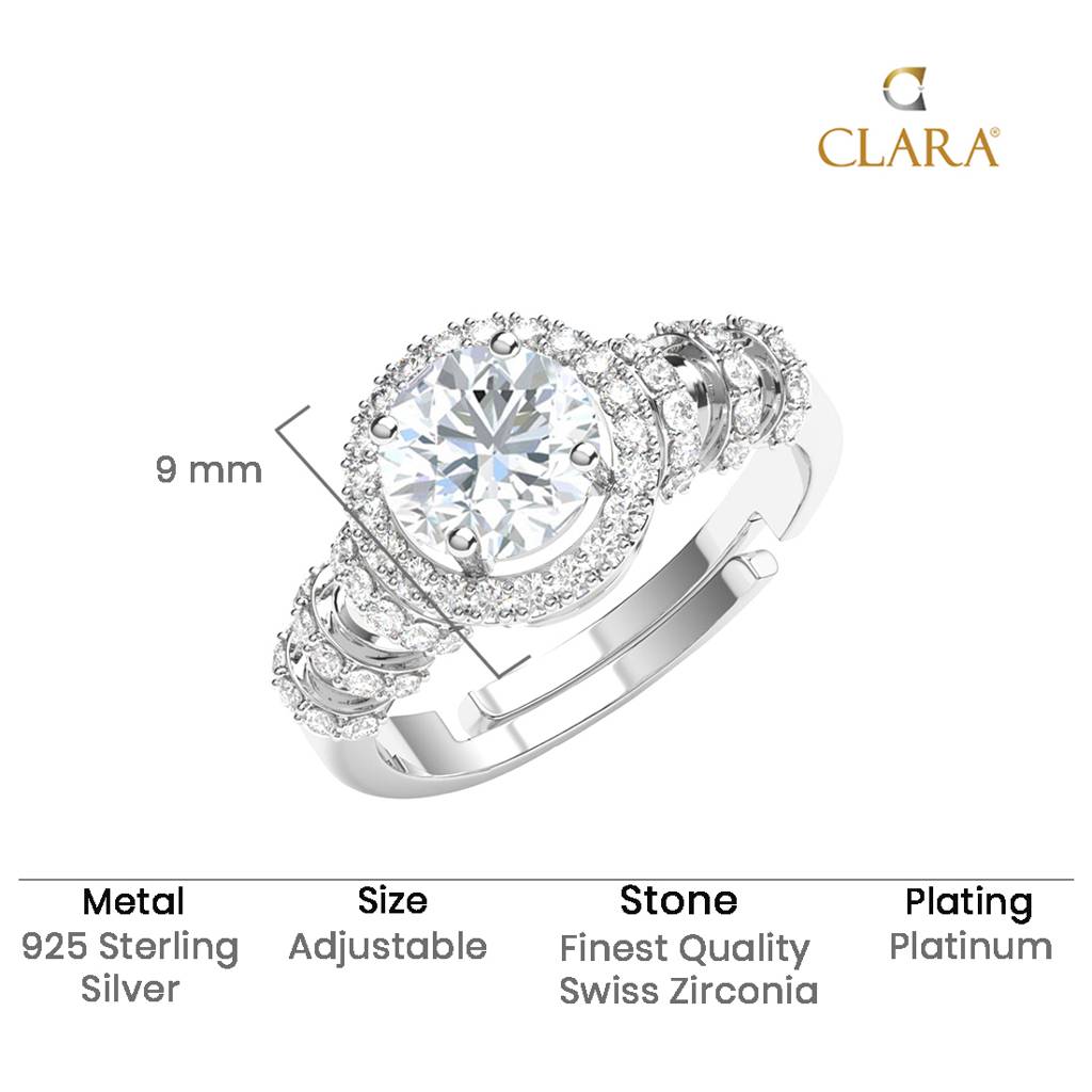 Clara 925 Silver Swiss Zircon Platinum Plated Adjustable Brisa Solitaire Cocktail Finger Ring : CSFR77