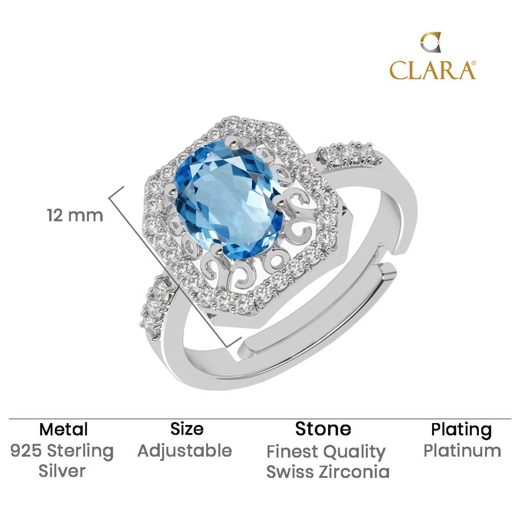 Clara 925 Silver Swiss Zircon Platinum Plated Adjustable Carol Blue Topaz Solitaire Finger Ring : CSFR78