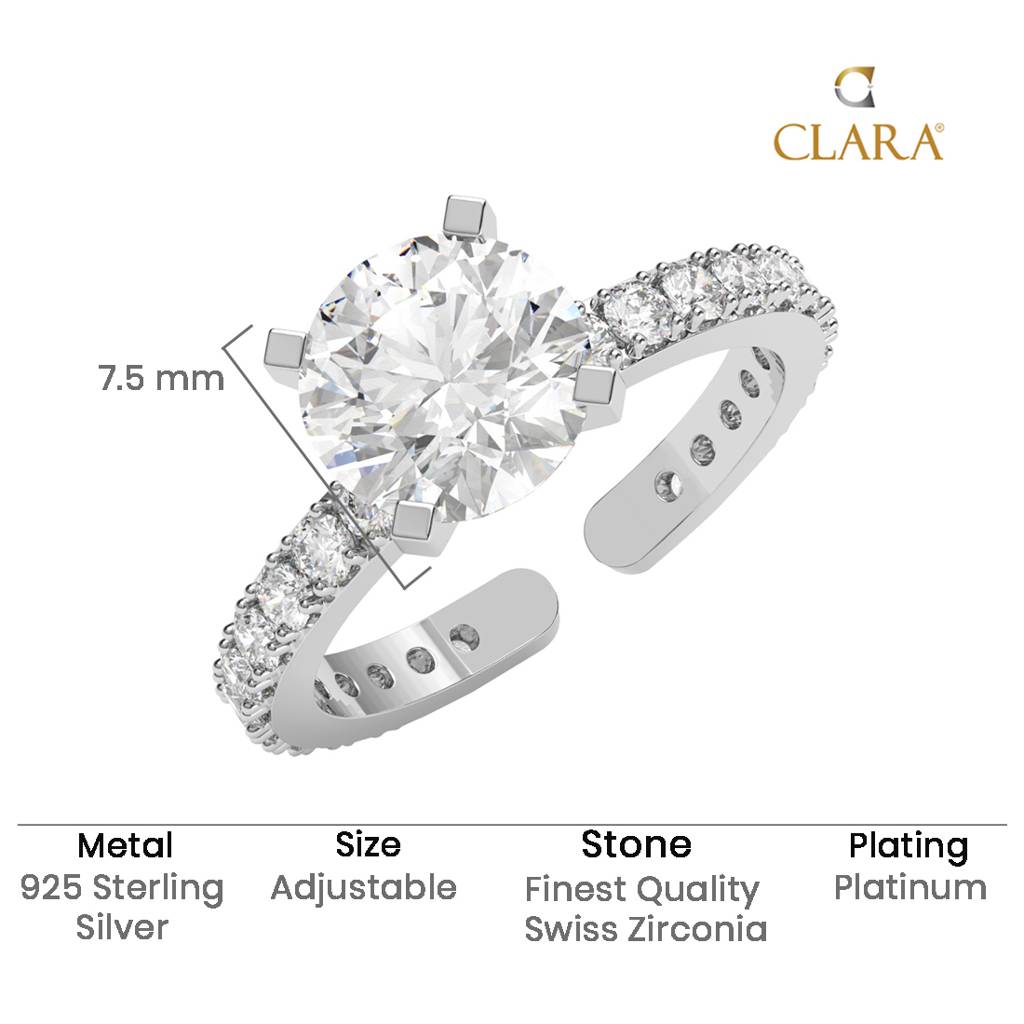 Clara 925 Silver Swiss Zircon Platinum Plated Adjustable Fleur Classic Solitaire Finger Ring : CSFR79