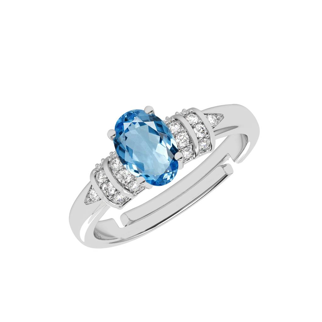 Clara 925 Silver Swiss Zircon Platinum Plated Adjustable Juni Blue Oval Solitaire Finger Ring : CSFR80
