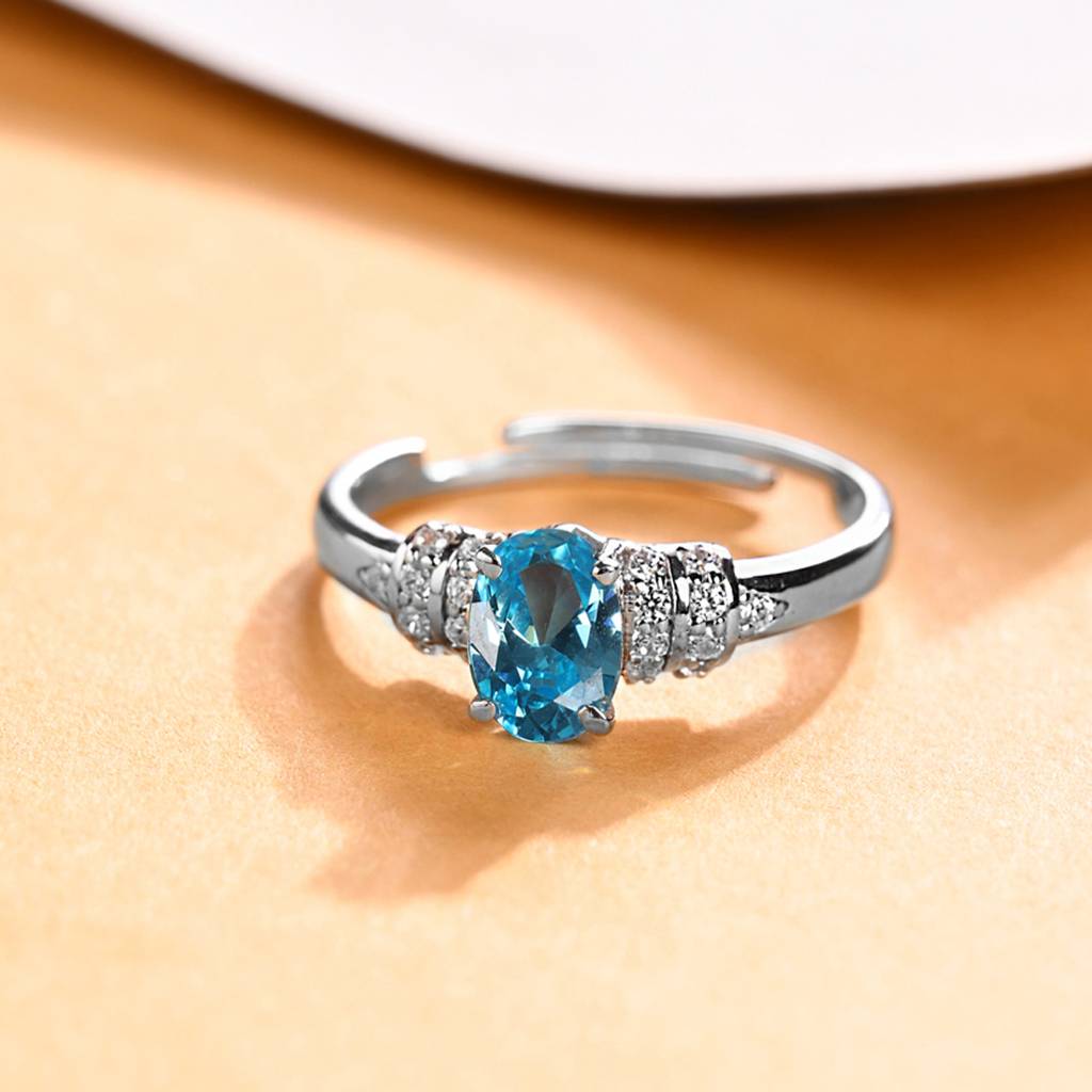 Clara 925 Silver Swiss Zircon Platinum Plated Adjustable Juni Blue Oval Solitaire Finger Ring : CSFR80