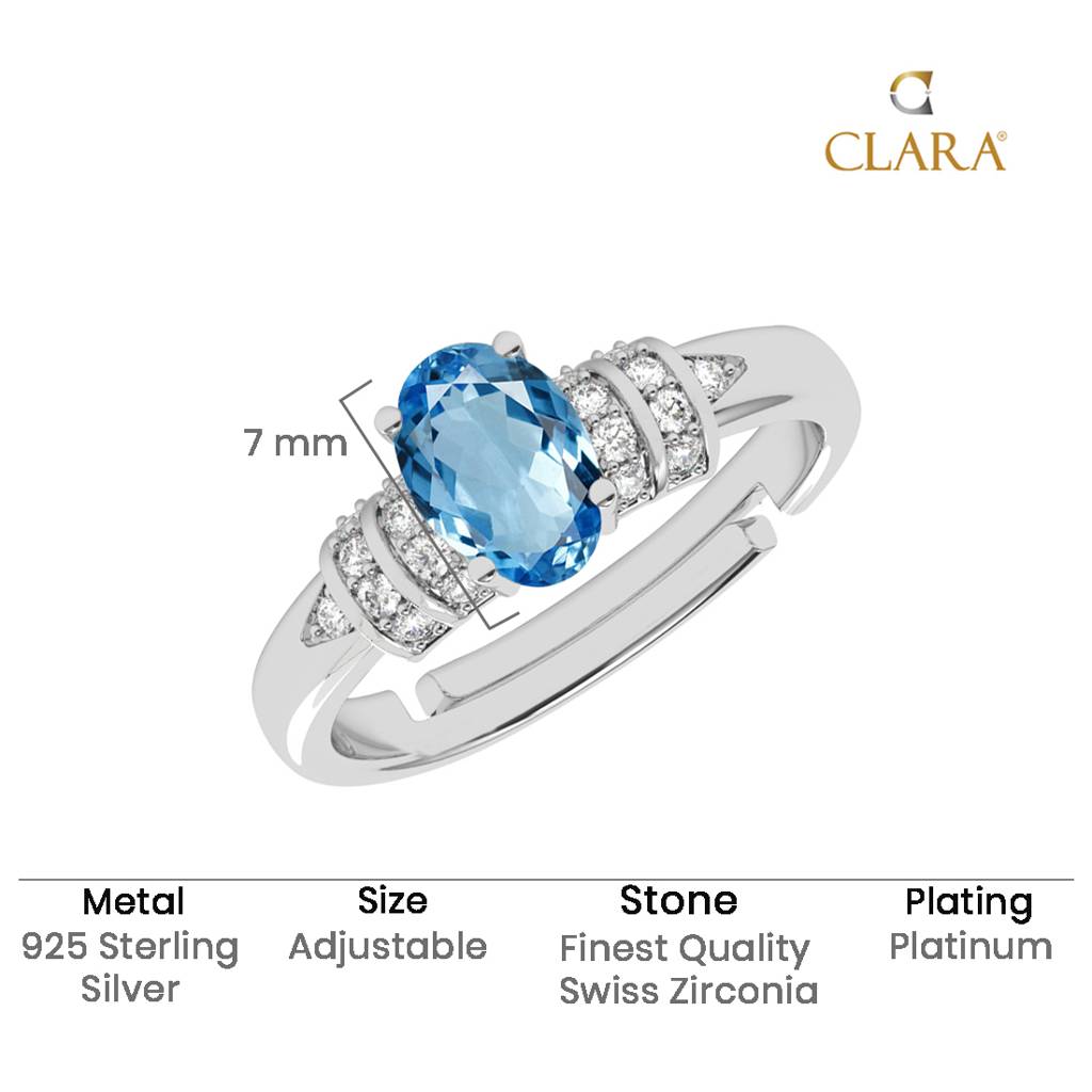 Clara 925 Silver Swiss Zircon Platinum Plated Adjustable Juni Blue Oval Solitaire Finger Ring : CSFR80