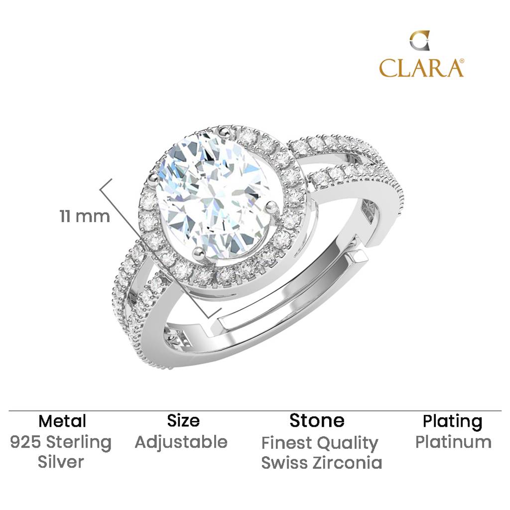 Clara 925 Silver Swiss Zircon Platinum Plated Adjustable Frida Statement Solitaire Finger Ring : CSFR81