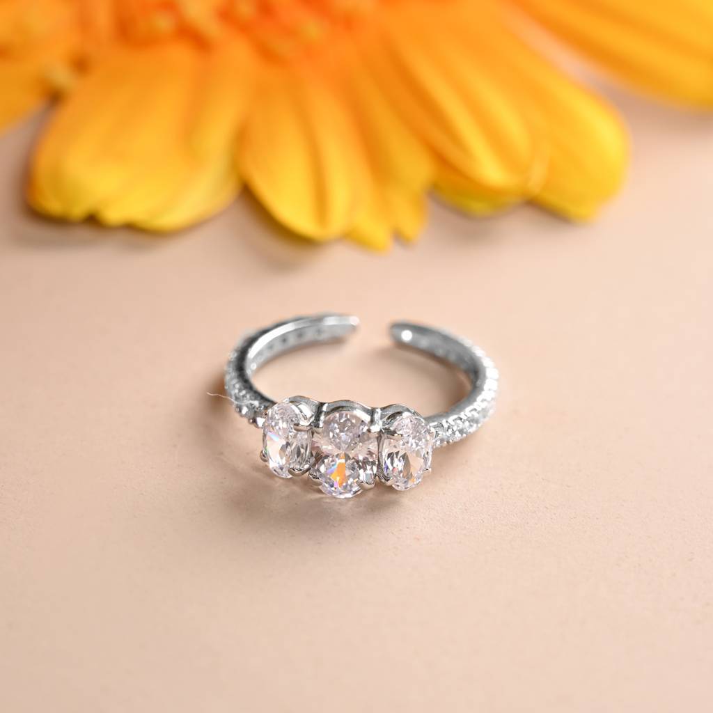 Clara 925 Silver Swiss Zircon Platinum Plated Adjustable Eloise Three Oval Finger Ring : CSFR83