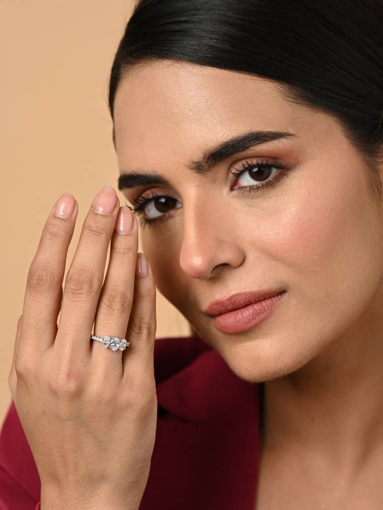 Clara 925 Silver Swiss Zircon Platinum Plated Adjustable Eloise Three Oval Finger Ring : CSFR83