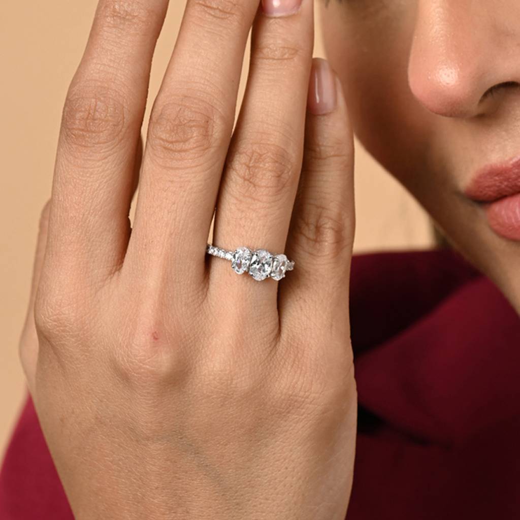 Clara 925 Silver Swiss Zircon Platinum Plated Adjustable Eloise Three Oval Finger Ring : CSFR83