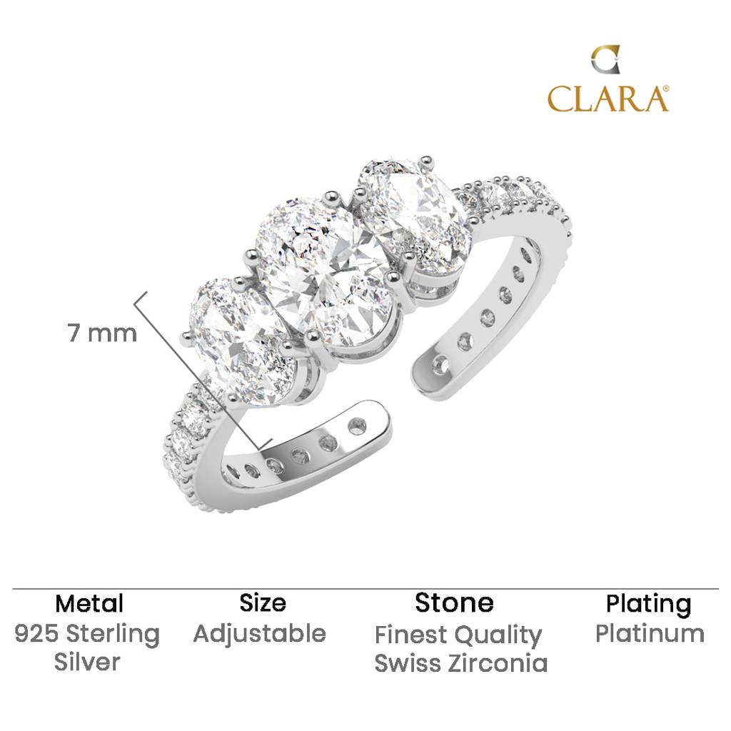 Clara 925 Silver Swiss Zircon Platinum Plated Adjustable Eloise Three Oval Finger Ring : CSFR83