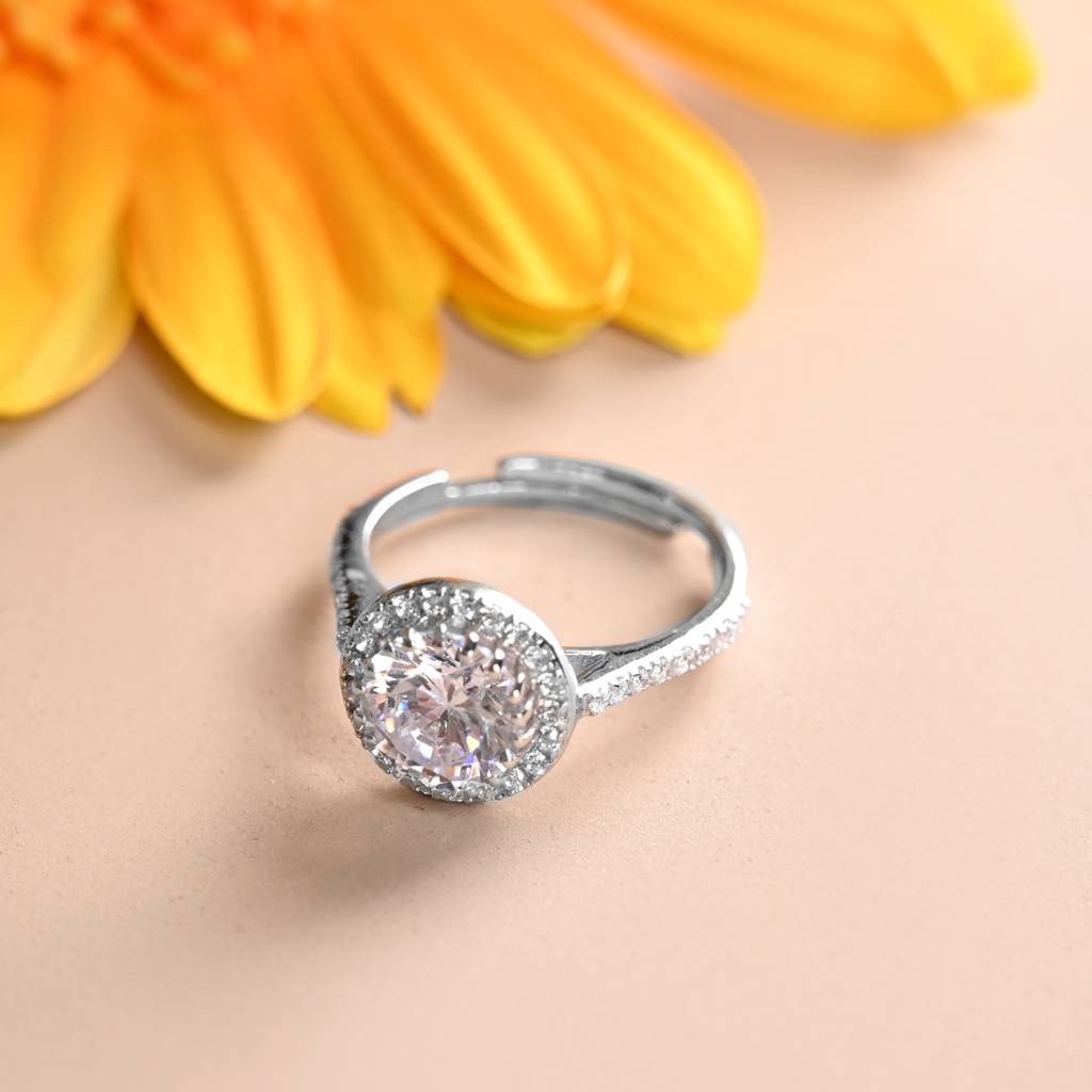 Clara 925 Silver Swiss Zircon Platinum Plated Adjustable Karla Solitaire Halo Finger Ring : CSFR84