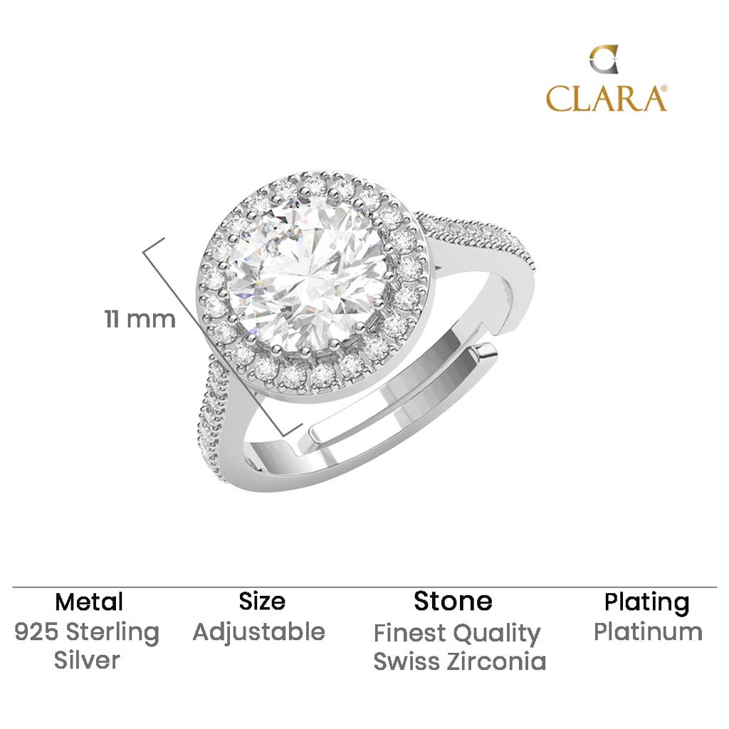 Clara 925 Silver Swiss Zircon Platinum Plated Adjustable Karla Solitaire Halo Finger Ring : CSFR84