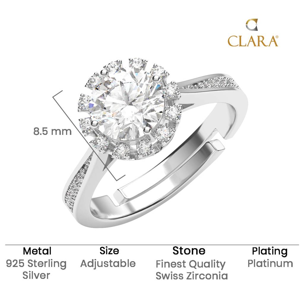 Clara 925 Silver Swiss Zircon Platinum Plated Adjustable Irina Stylish Solitaire Finger Ring : CSFR87