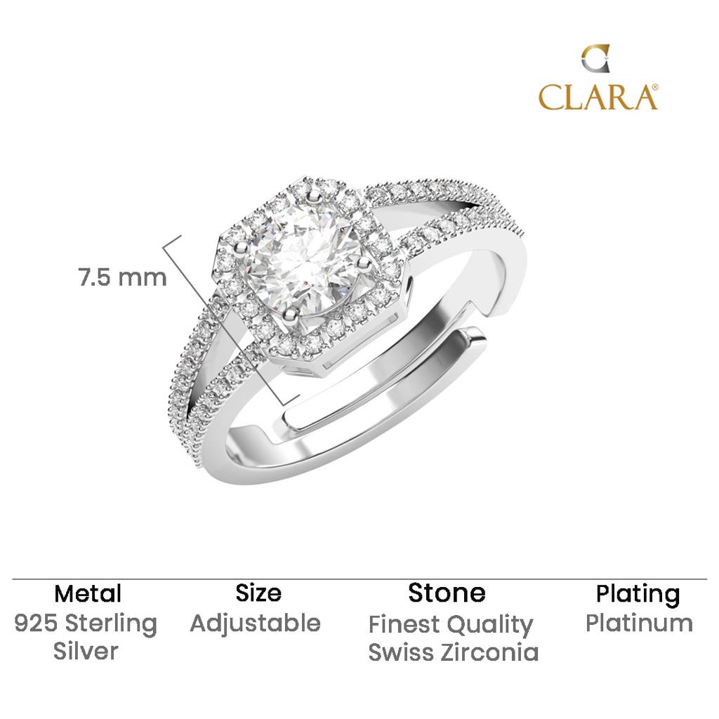 Clara 925 Silver Swiss Zircon Platinum Plated Adjustable Cathedral Halo Finger Ring : CSFR88