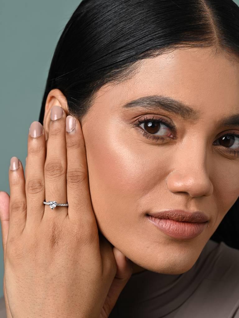 Clara 925 Silver Swiss Zircon Platinum Plated Adjustable Karine Heart Solitaire Promise Finger Ring : CSFR89