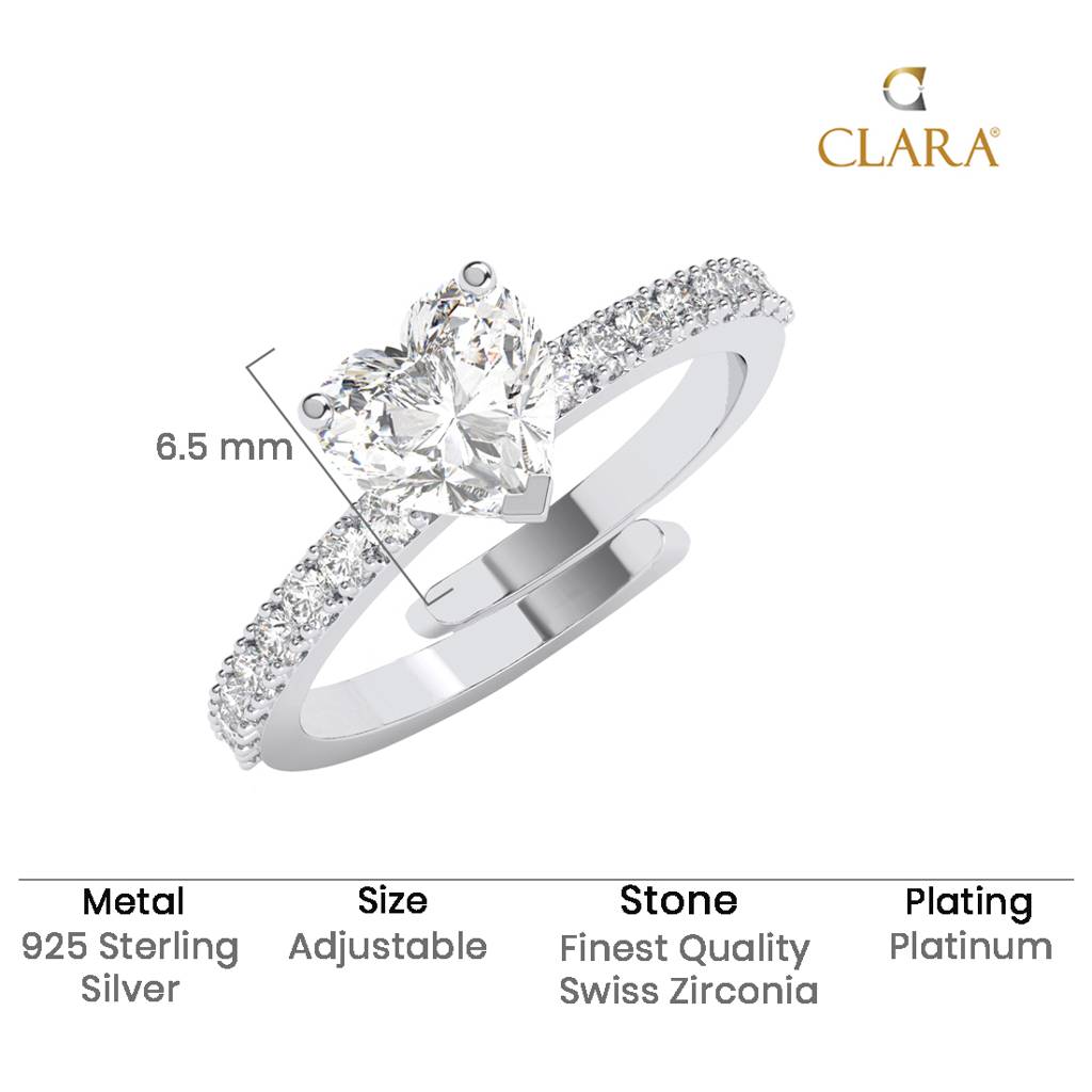 Clara 925 Silver Swiss Zircon Platinum Plated Adjustable Karine Heart Solitaire Promise Finger Ring : CSFR89