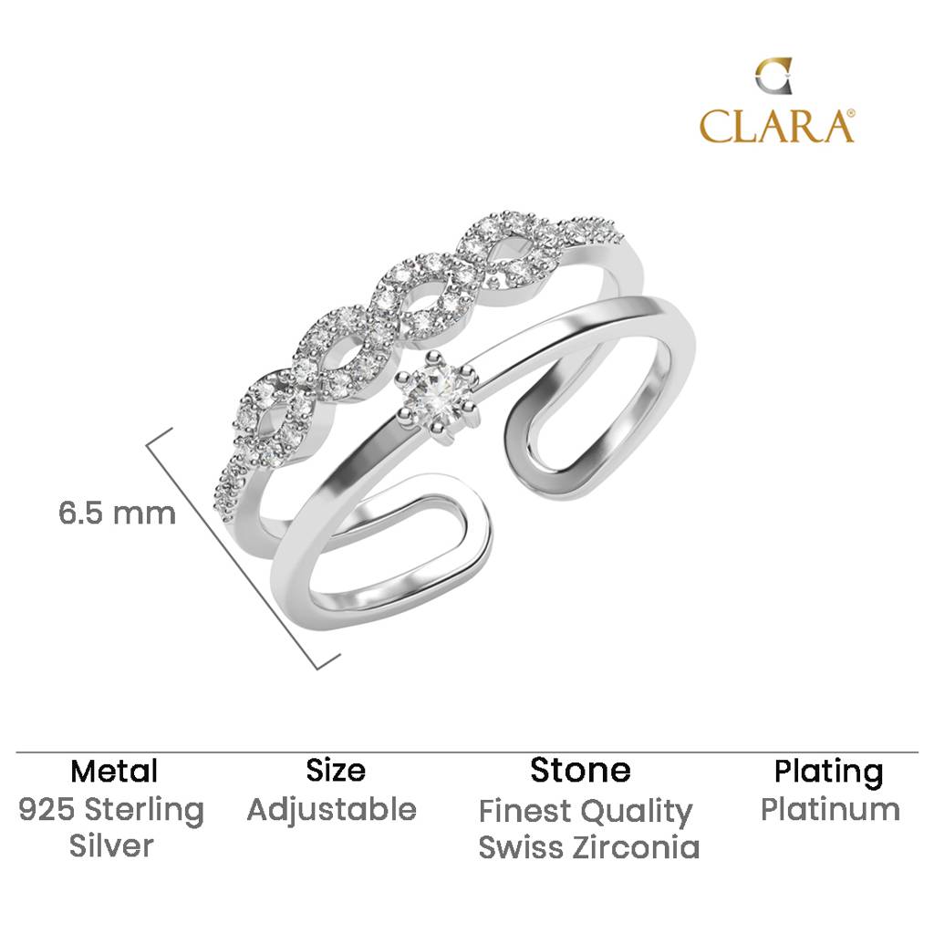 Clara 925 Silver Swiss Zircon Platinum Plated Adjustable Melba Double Banded Infinity Finger Ring : CSFR90