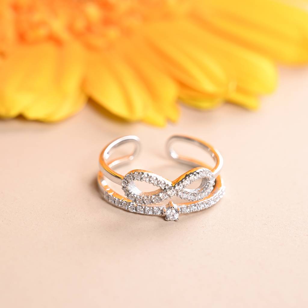 Clara 925 Silver Swiss Zircon Platinum Plated Adjustable Talia Double Banded Studded Infinity Finger Ring : CSFR91
