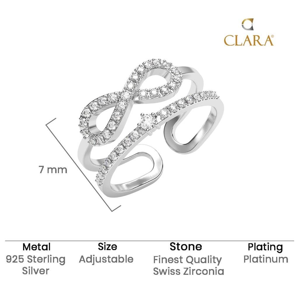 Clara 925 Silver Swiss Zircon Platinum Plated Adjustable Talia Double Banded Studded Infinity Finger Ring : CSFR91