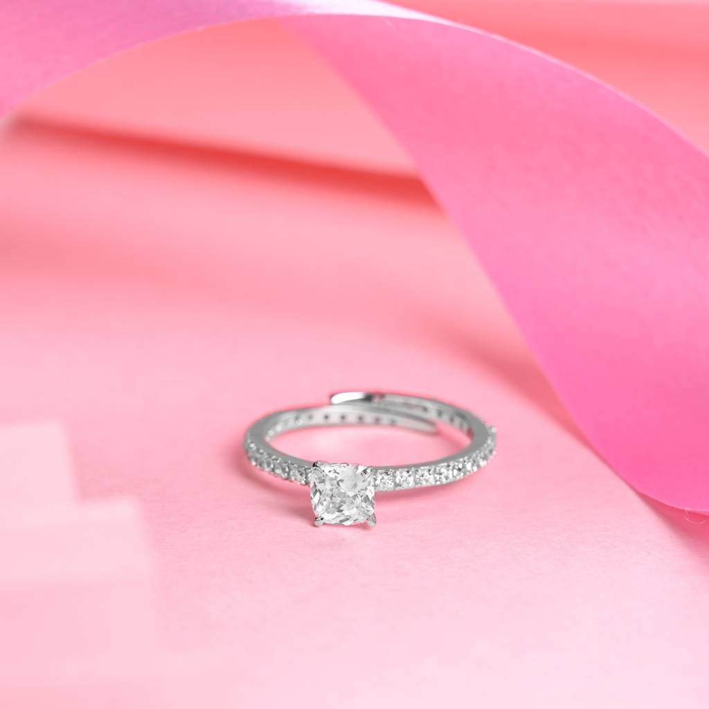 Clara 925 Silver Swiss Zircon Platinum Plated Adjustable Alma Princess Cut Solitaire Finger Ring : CSFR92