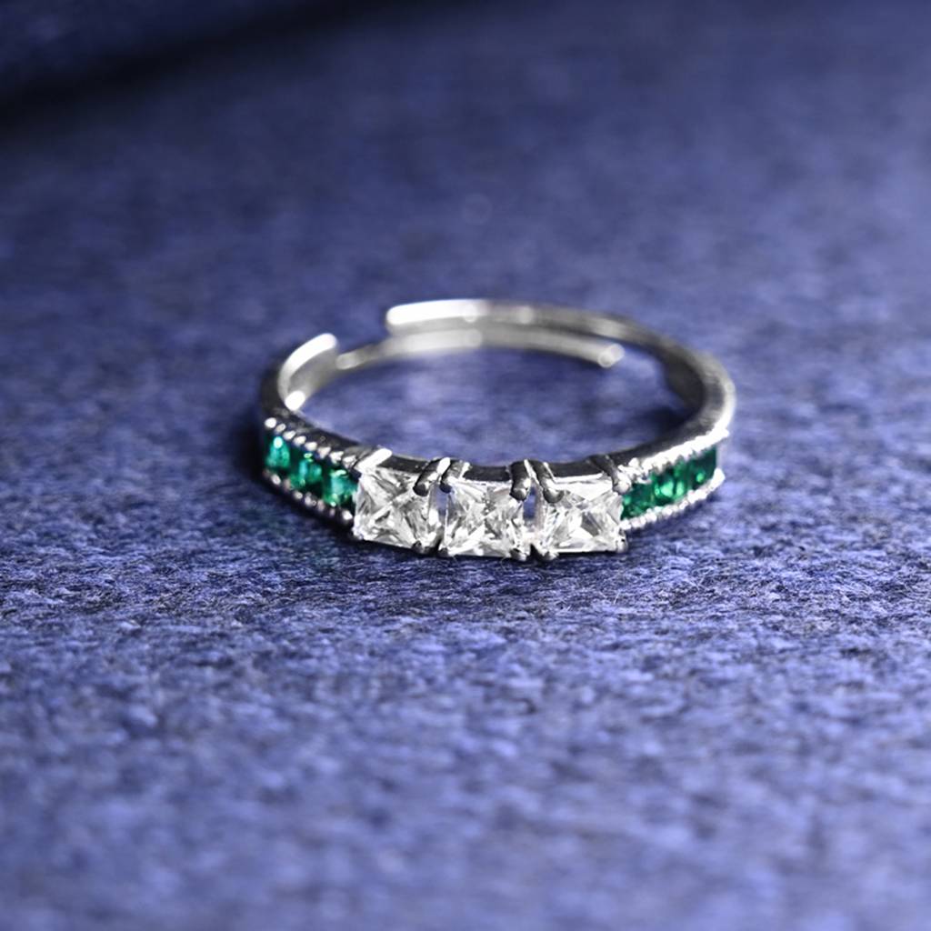 Clara 925 Silver Swiss Zircon Platinum Plated Adjustable Vera Minimal Green Finger Ring : CSFR94