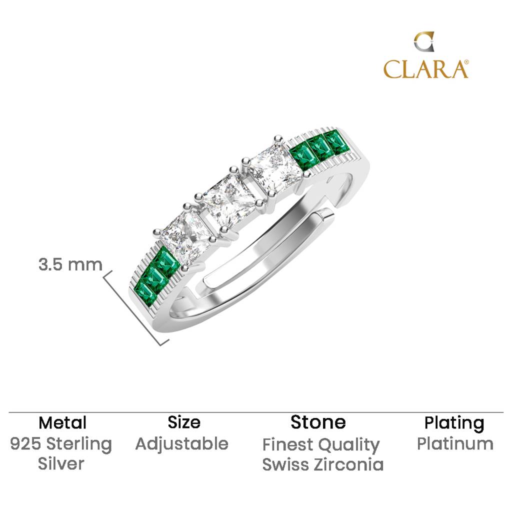 Clara 925 Silver Swiss Zircon Platinum Plated Adjustable Vera Minimal Green Finger Ring : CSFR94