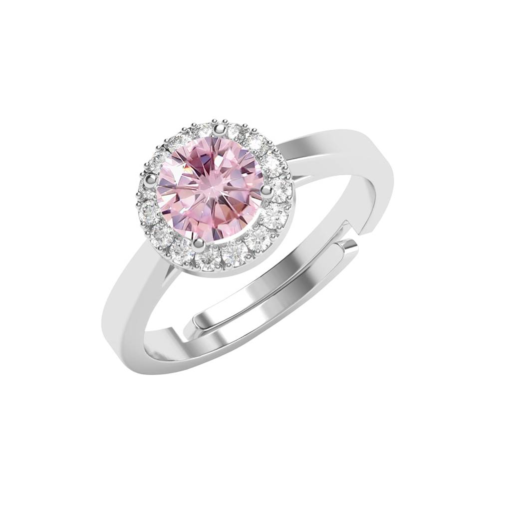 Clara 925 Silver Swiss Zircon Platinum Plated Adjustable Vega Pink Solitaire Halo Finger Ring : CSFR95