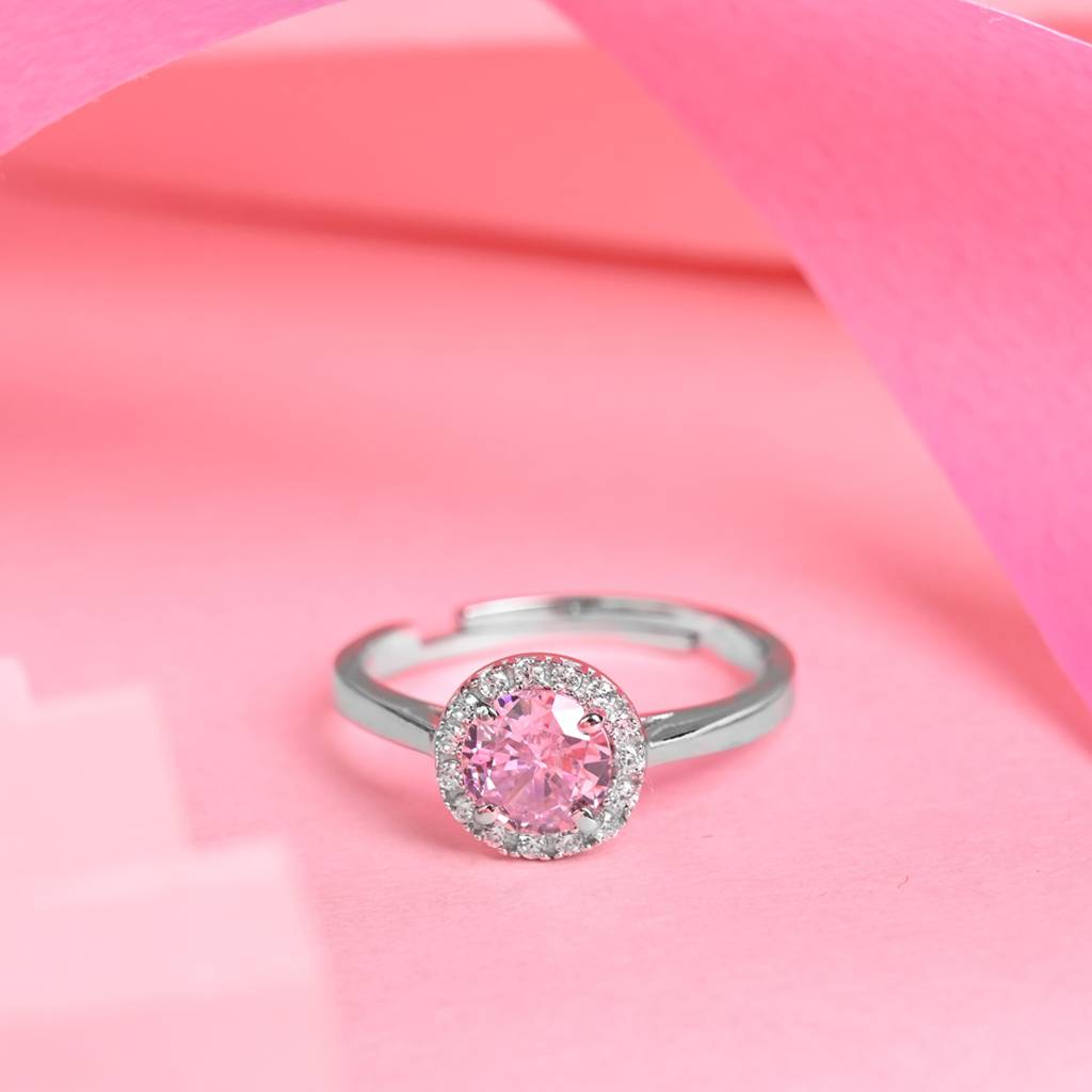 Clara 925 Silver Swiss Zircon Platinum Plated Adjustable Vega Pink Solitaire Halo Finger Ring : CSFR95