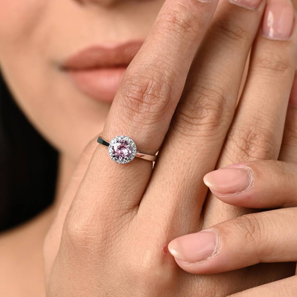 Clara 925 Silver Swiss Zircon Platinum Plated Adjustable Vega Pink Solitaire Halo Finger Ring : CSFR95