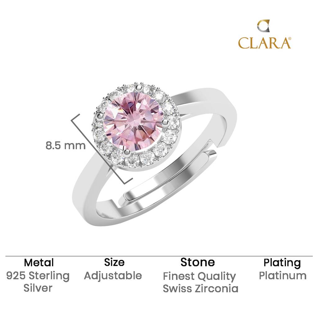 Clara 925 Silver Swiss Zircon Platinum Plated Adjustable Vega Pink Solitaire Halo Finger Ring : CSFR95