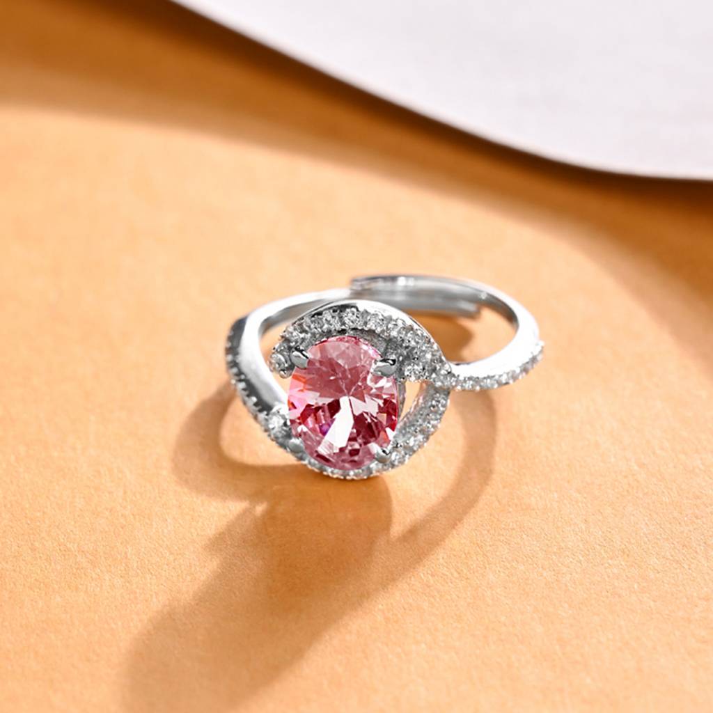 Clara 925 Silver Swiss Zircon Platinum Plated Adjustable Malin Pink Designer Solitaire Finger Ring : CSFR97
