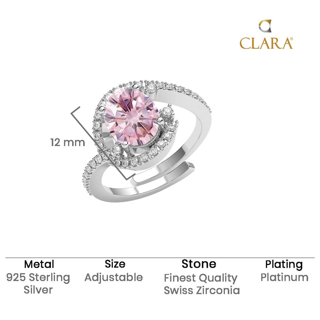 Clara 925 Silver Swiss Zircon Platinum Plated Adjustable Malin Pink Designer Solitaire Finger Ring : CSFR97