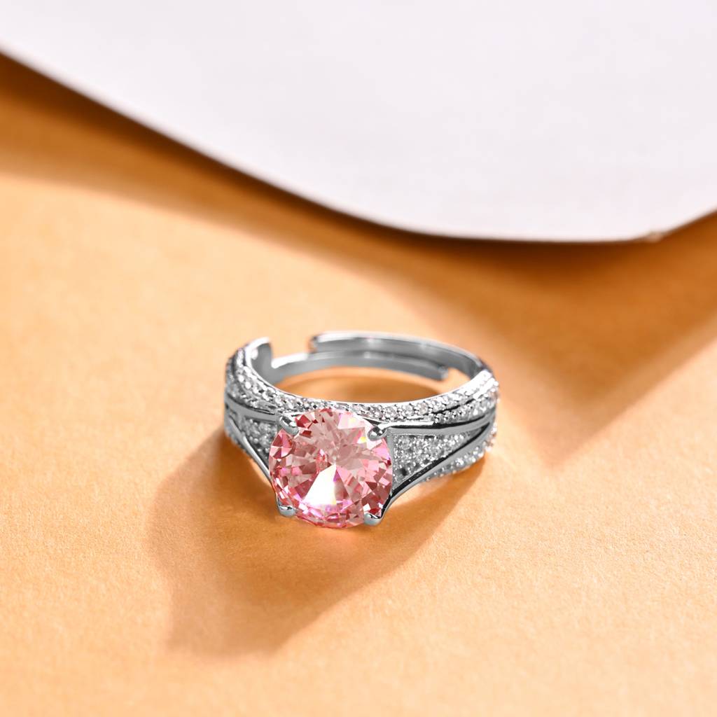 Clara 925 Silver Swiss Zircon Platinum Plated Adjustable Tove Pink Solitaire Wedding Finger Ring : CSFR99