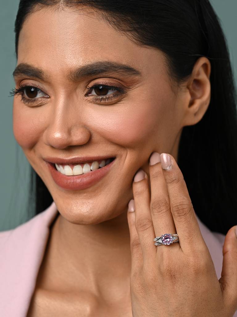 Clara 925 Silver Swiss Zircon Platinum Plated Adjustable Tove Pink Solitaire Wedding Finger Ring : CSFR99