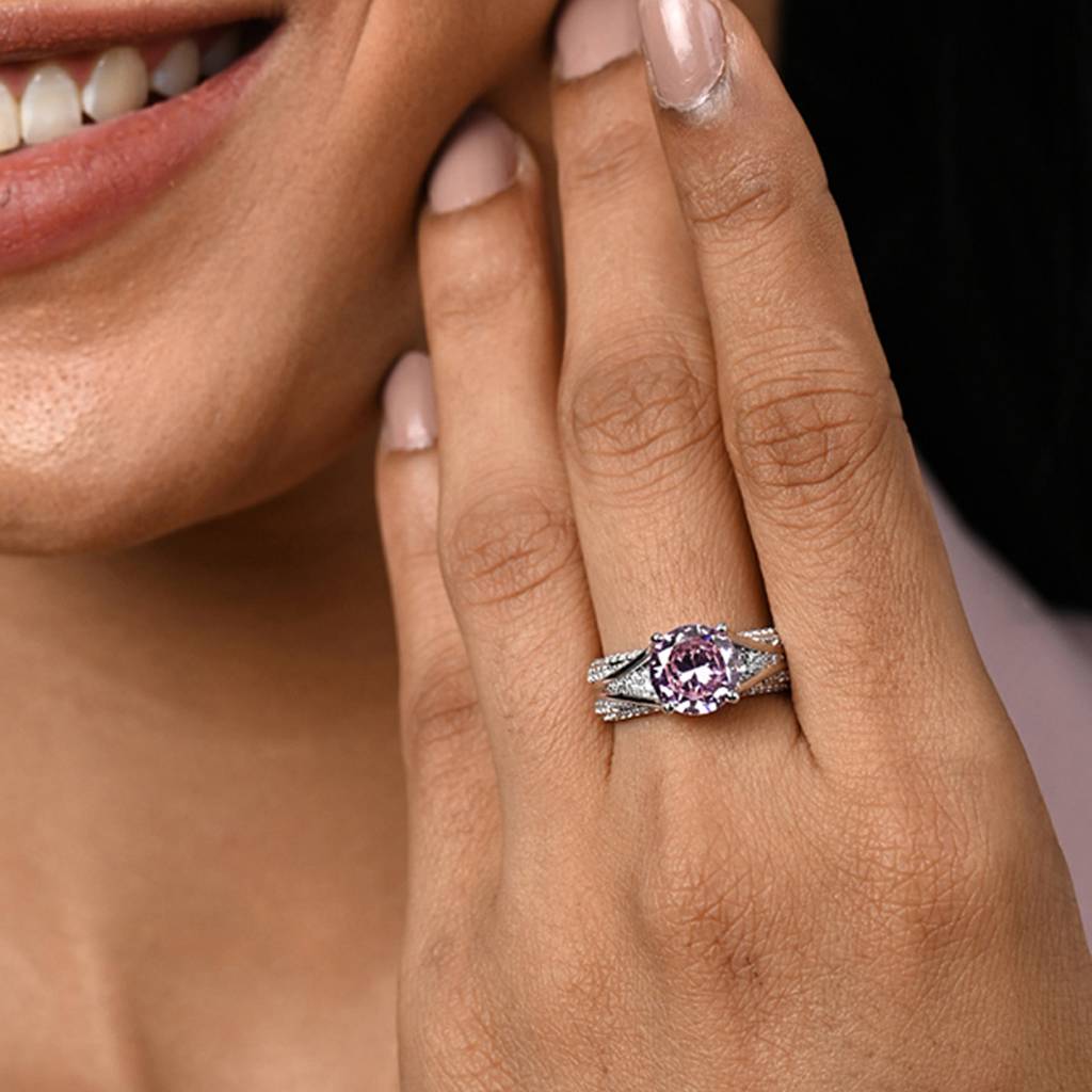 Clara 925 Silver Swiss Zircon Platinum Plated Adjustable Tove Pink Solitaire Wedding Finger Ring : CSFR99