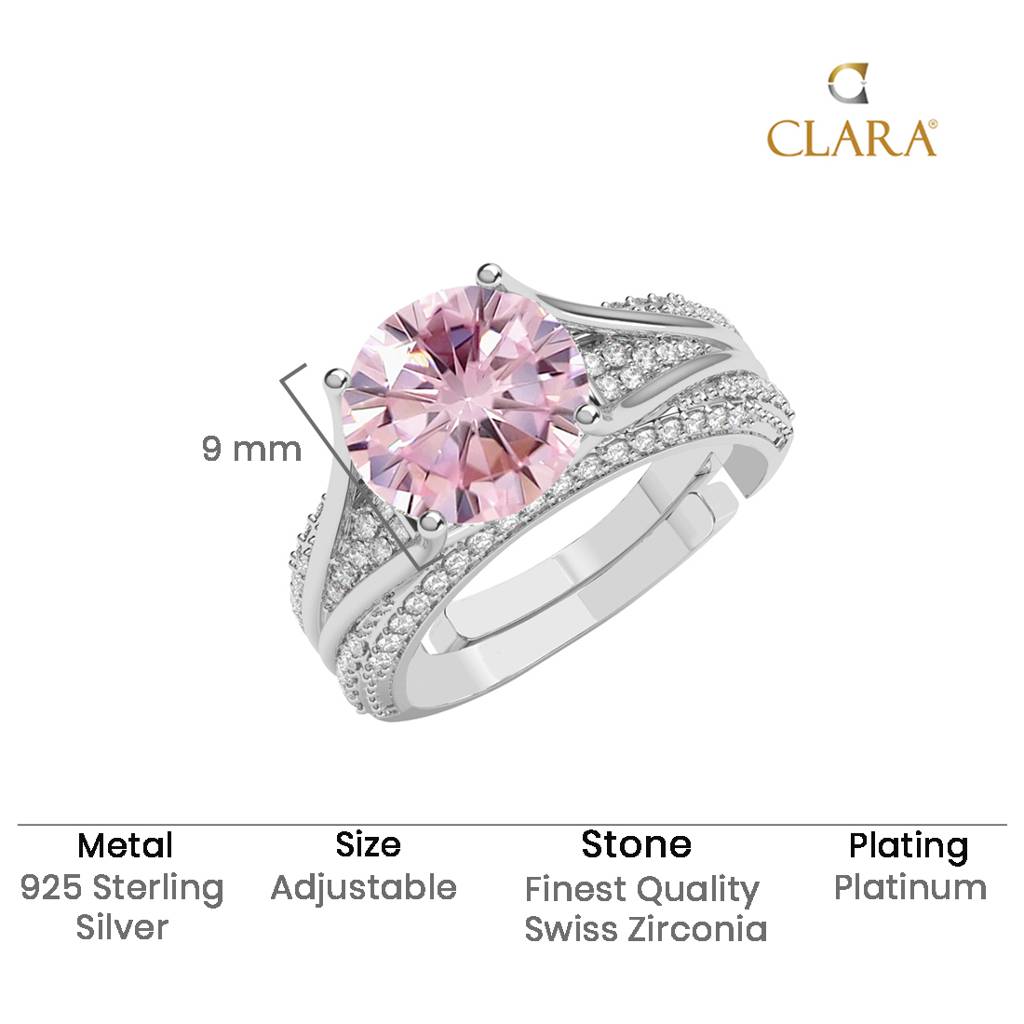 Clara 925 Silver Swiss Zircon Platinum Plated Adjustable Tove Pink Solitaire Wedding Finger Ring : CSFR99