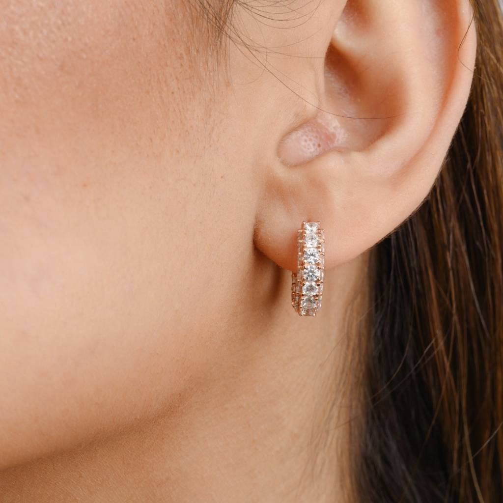 Rose Gold Minimal Hoops Earrings In 925 Silver With Clear Cz Diamonds : CSJ68
