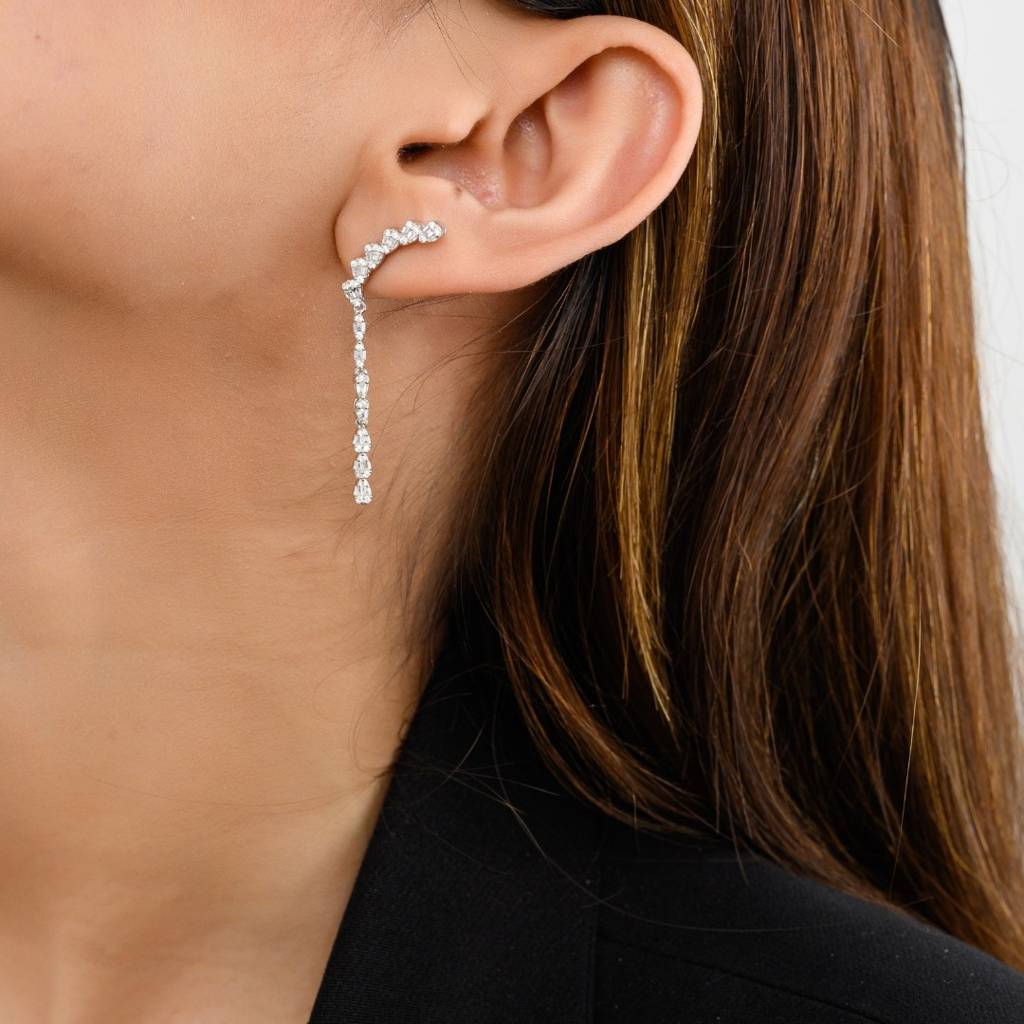 925 Silver Cz Diamonds Crystals Linear Drop Earrings : CSJ71