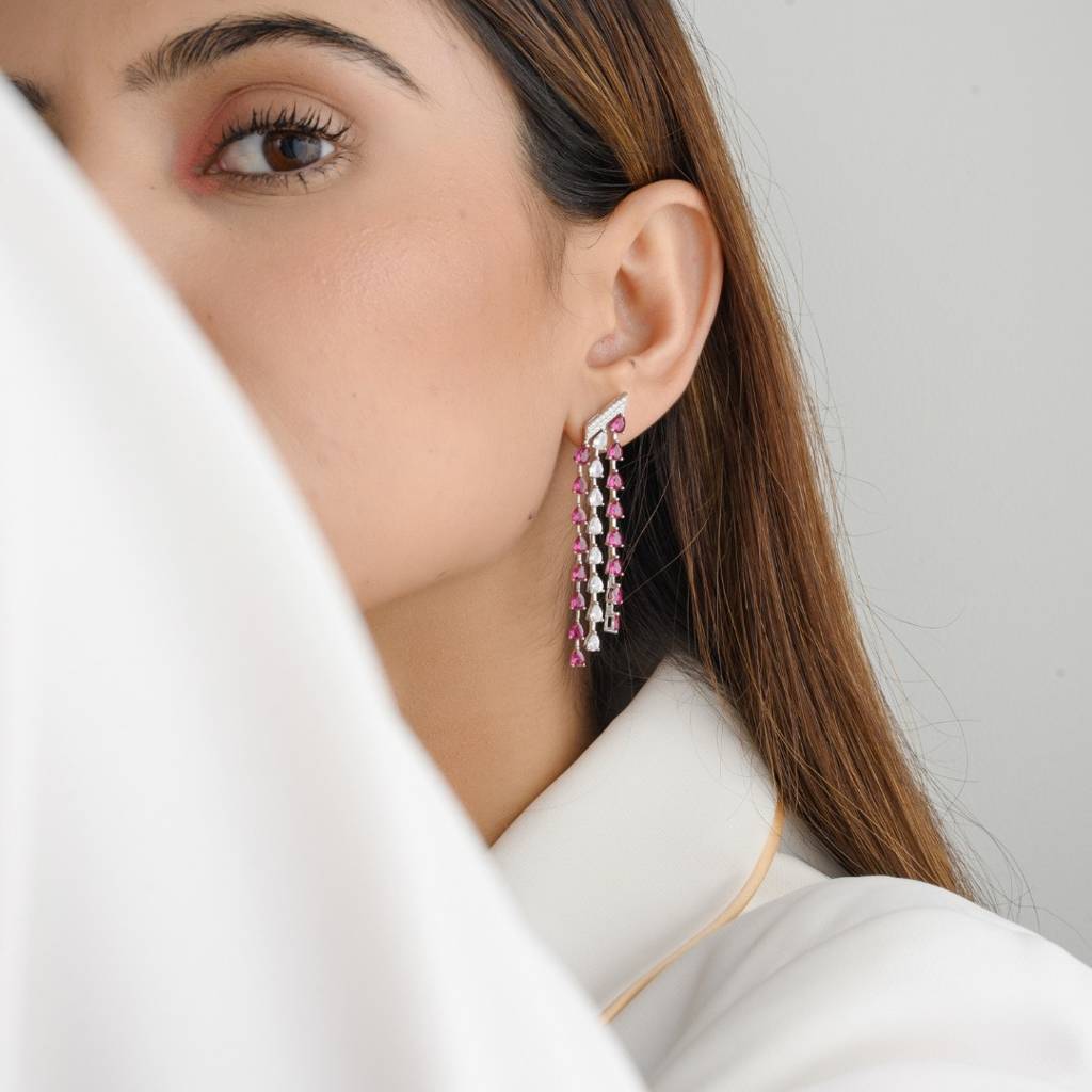 Long Dangle Earrings In 925 Silver With Moving Pink & White Cz Diamonds Charms : CSJ83