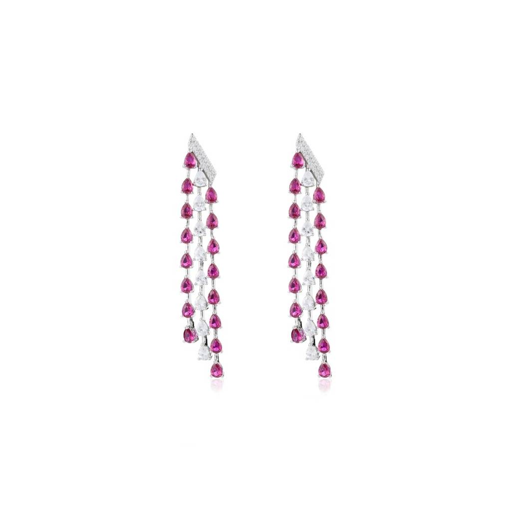 Long Dangle Earrings In 925 Silver With Moving Pink & White Cz Diamonds Charms : CSJ83
