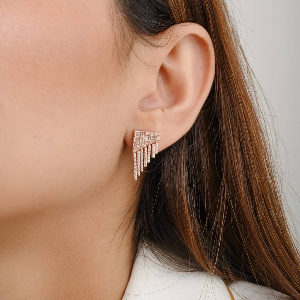 Rose Gold Plated Stud Earrings In 925 Silver With Moving Cz Diamonds Charms : CSJ86