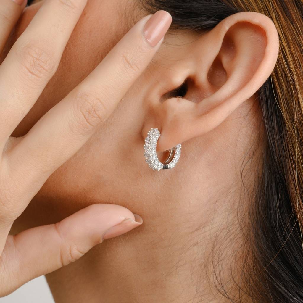 Hoop Earrings In 925 Silver With Clear Cz Diamonds In Secure Prong Settings : CSJ88