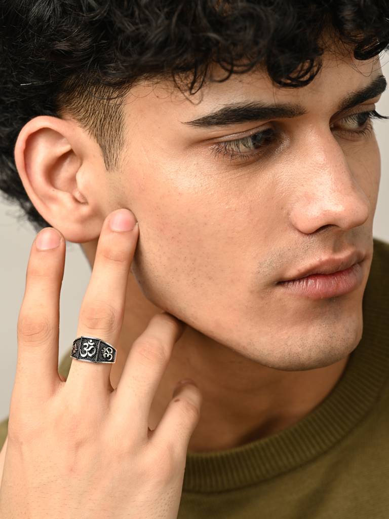Clara 925 Silver Om Oxidised Religious Size Adjustable Men Ring For Men & Boys : CSMR19