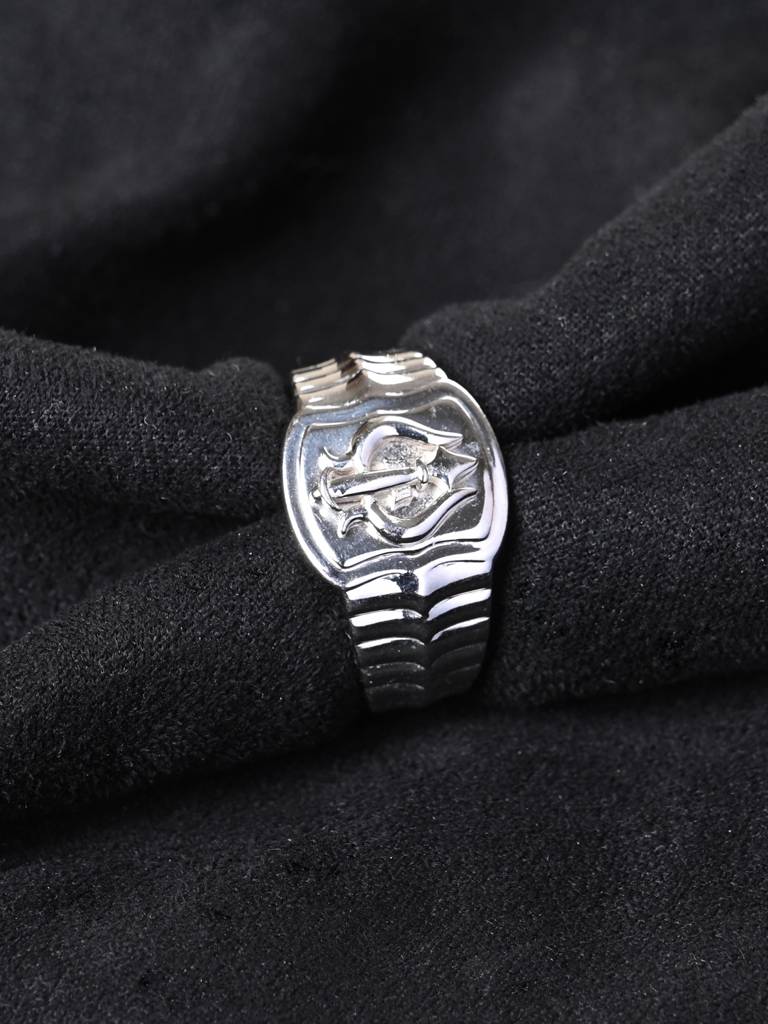 Clara 925 Silver Platinum Plated Trishul Religious Size Adjustable Men Ring For Men & Boys : CSMR21